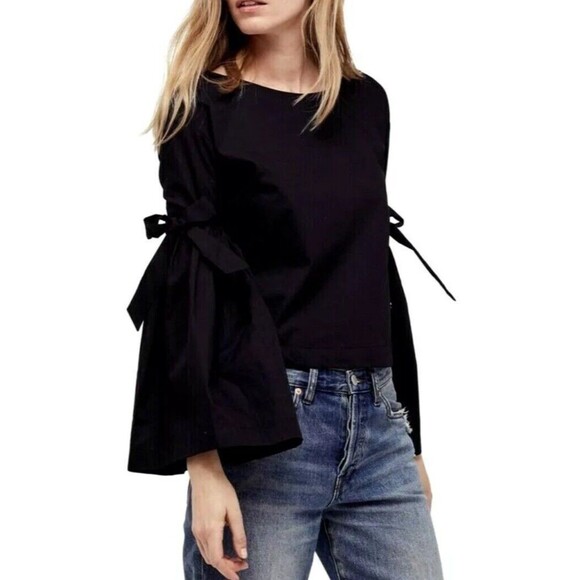 Free People Blouse Small Black So Obviously Yours Bell Sleeve Bow Button Back - Picture 1 of 16